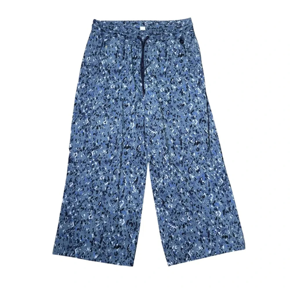 Athleta Avenue Wide Leg Crop Pants Blue Zip Pockets Drawstring Women's Size 12 - Picture 2 of 8